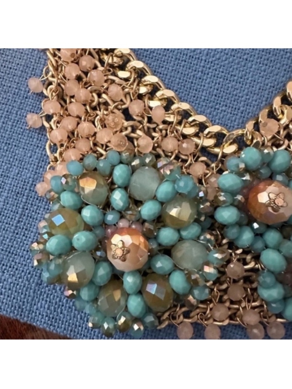 Gold Statement Necklace with Turquoise and Blush Pink Color Beads - Picture 5 of 12